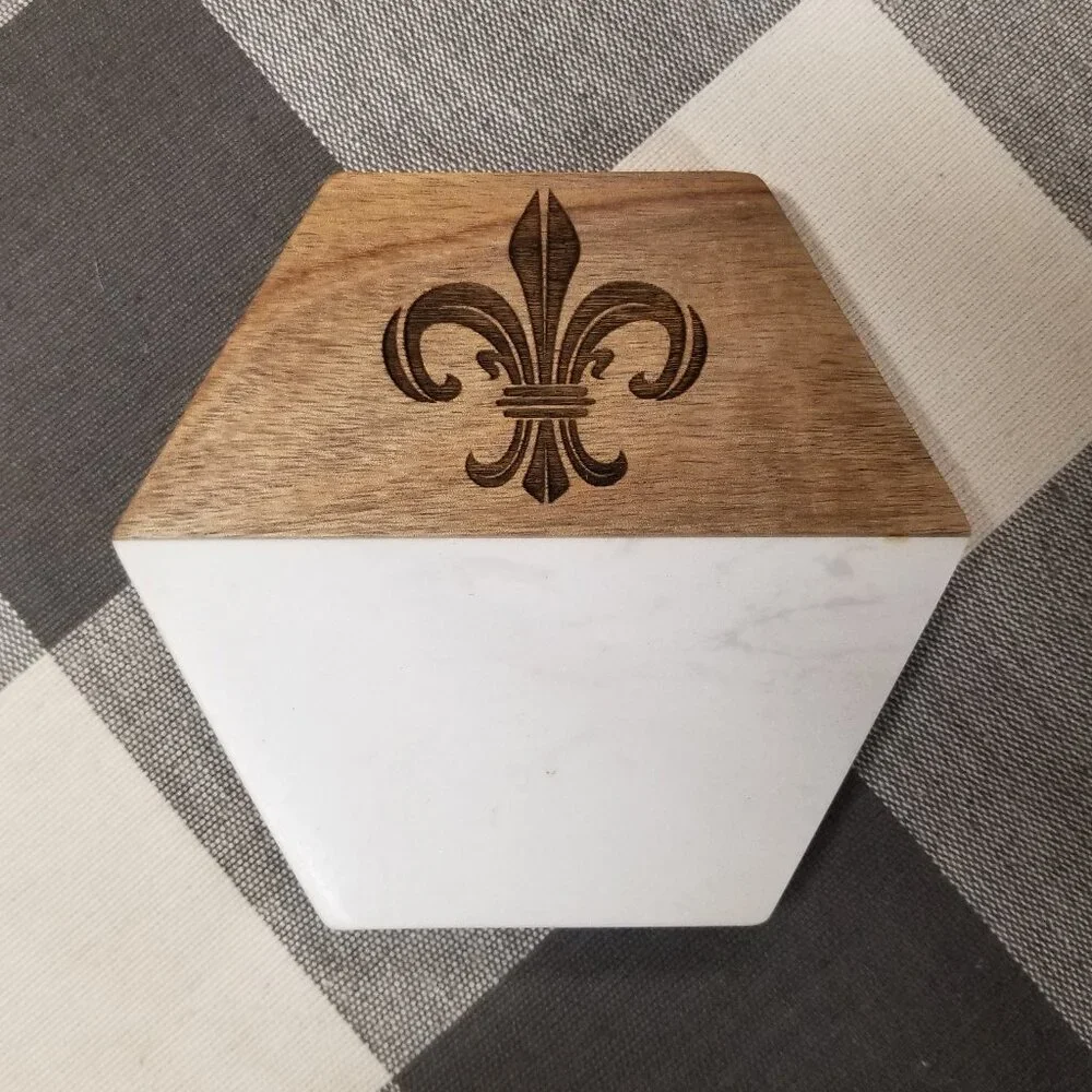 Fleur de Lis Acacia Wood/Marble Coaster Set of 4 pieces: White or Black